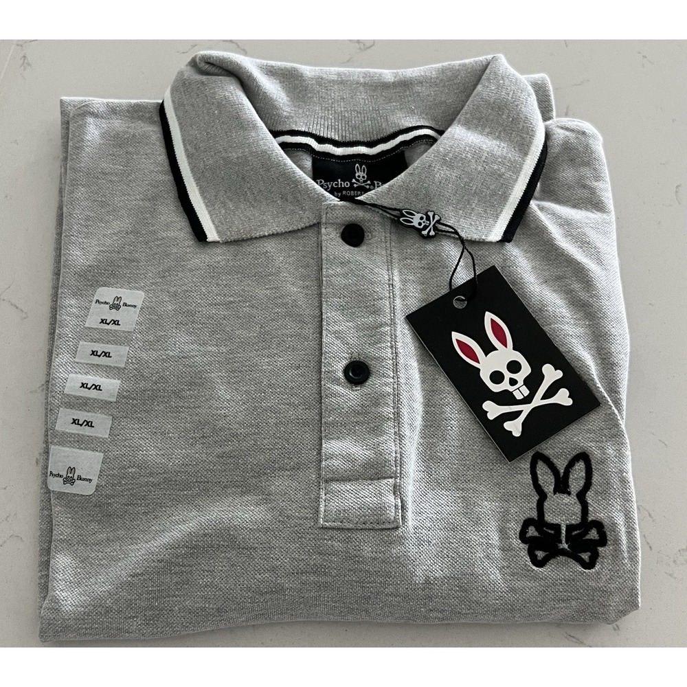 NWT Psycho Bunny Polo Shirt Pima Cotton Men's Size XL Gray Black Trim